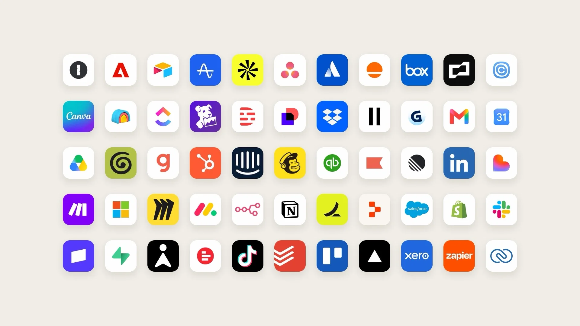 A grid of 55 application icons including Box, Canva, Dropbox, Gmail, Google Calendar, Google Drive, HubSpot, Intercom, Linear, LinkedIn, Microsoft, Notion, Salesforce, Slack, Stripe, Trello, Vercel, Xero and Zapier