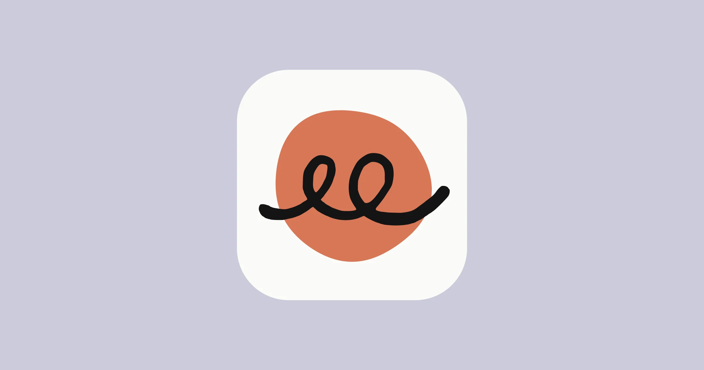 A black two-loop line drawing over a terracotta circle inside a cream rounded square on a pale lavender background