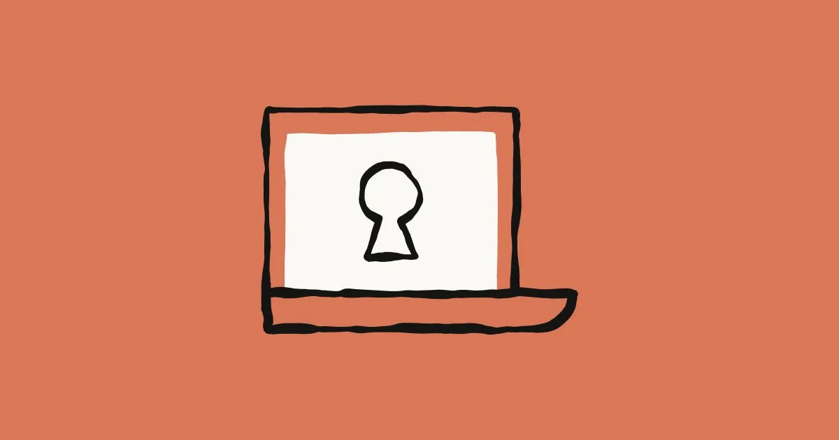 A black line drawing of an open laptop with a keyhole on its white screen against a terracotta background