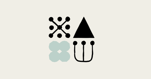Four symbols on a cream background, a black cross of linked dots, a black triangle, a pale green four-lobed shape and a black trident