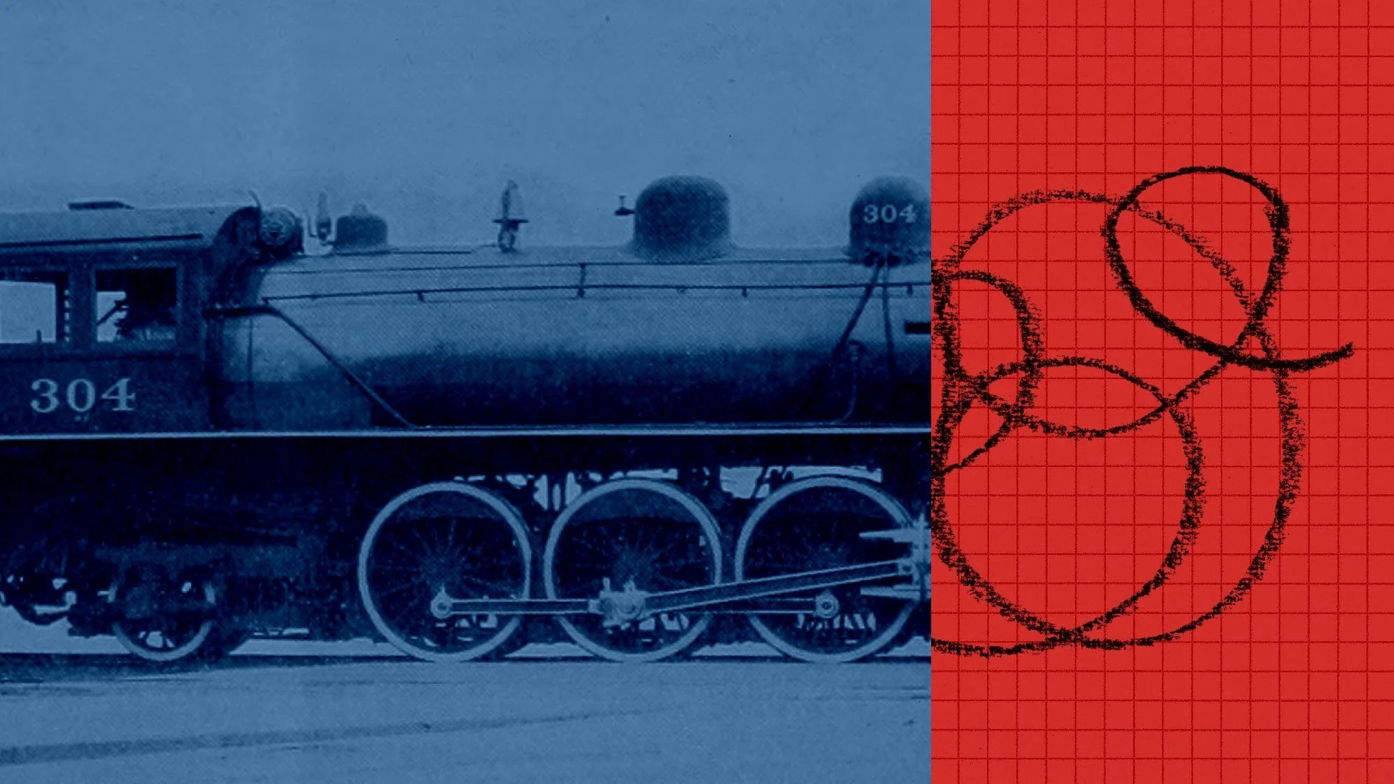 Split illustration showing a blue monochrome photograph of steam locomotive number 304 on the left and a tangled black charcoal line on a red grid on the right