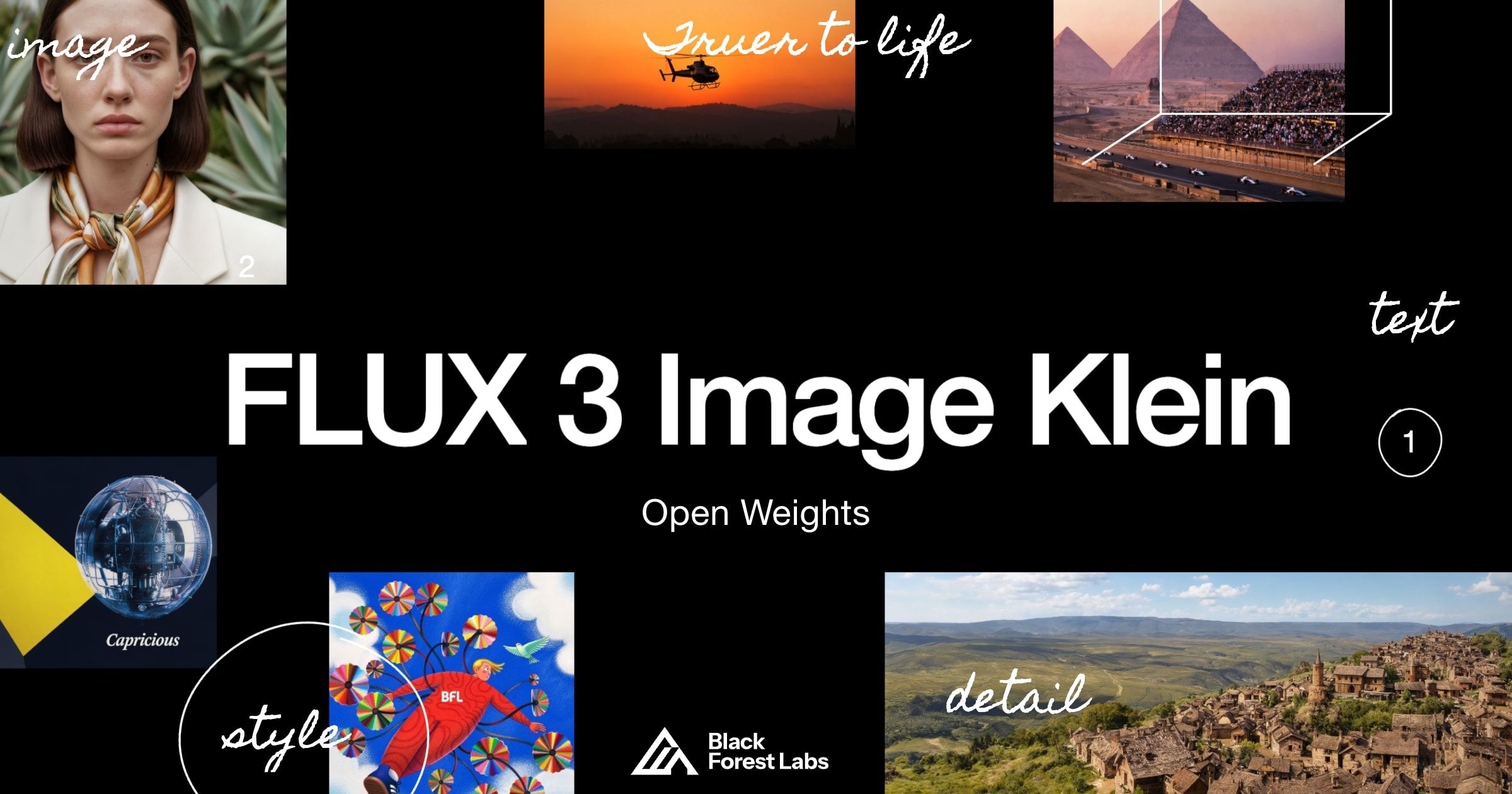 “FLUX 3 Image Klein” in white on black, framed by sample images including a portrait of a woman in a silk scarf, the pyramids behind a race track, a helicopter at sunset and a hilltop village