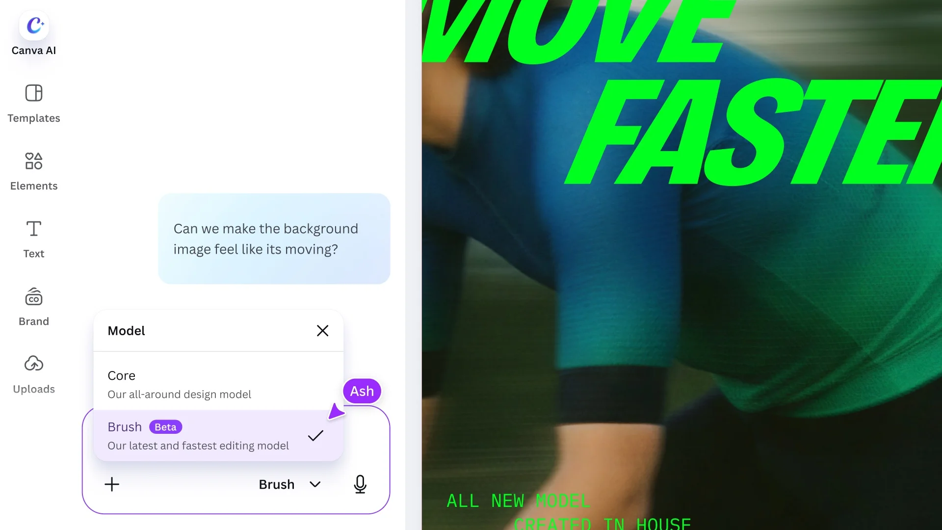 Canva AI interface with Brush Beta selected in the model picker while editing a cycling poster prompt asking to make the background image feel like it is moving