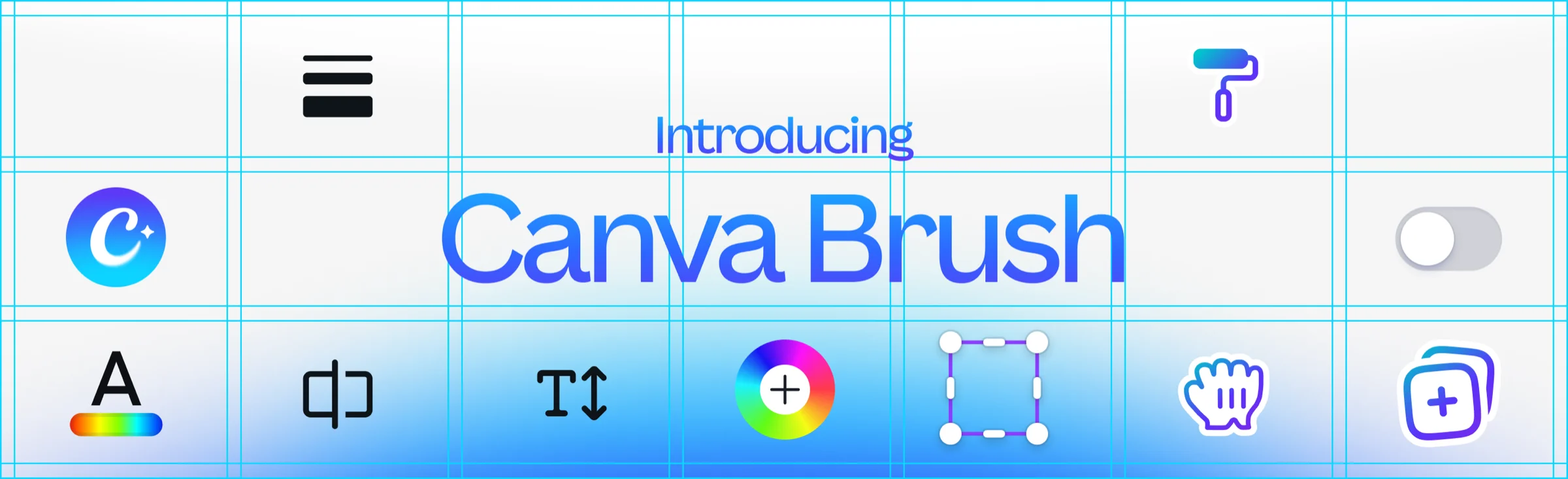 Grid-lined design toolbar graphic reading Introducing Canva Brush surrounded by typography, colour wheel, and bounding-box icons