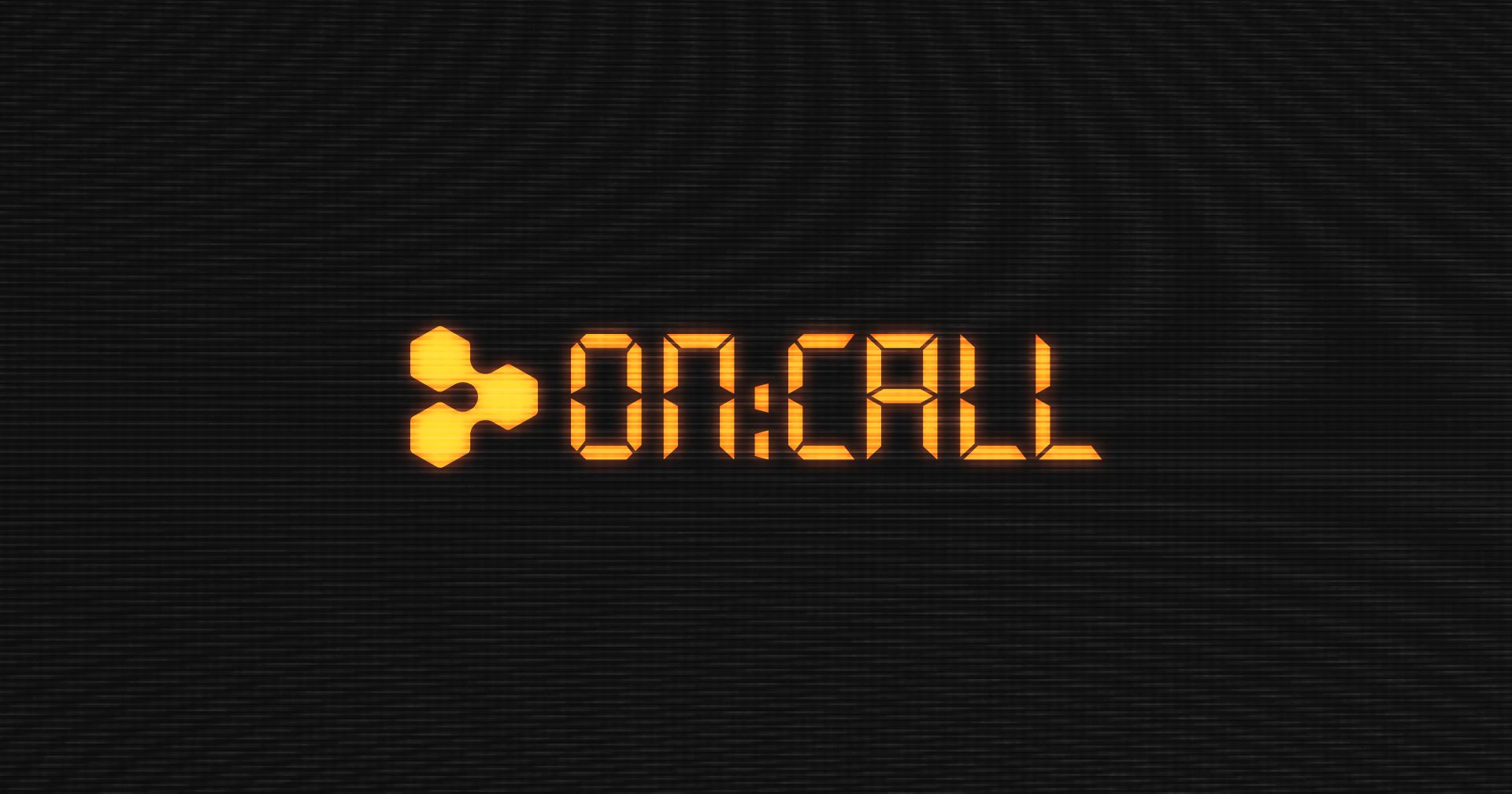 Amber digital-clock letters reading “ON:CALL” beside a logo of three joined hexagons, on a dark screen with scan lines