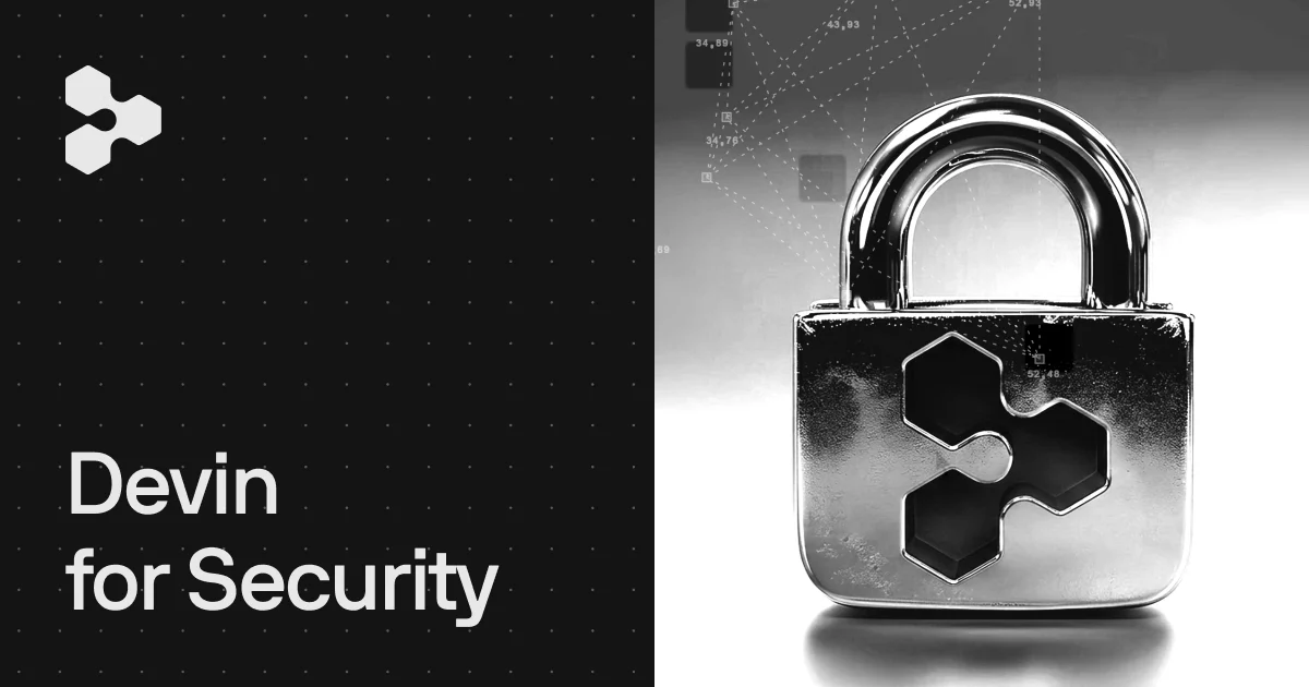 Split monochrome banner with the Cognition logo and Devin for Security title on a black dotted grid on the left and a chrome padlock embossed with the Cognition mark on the right