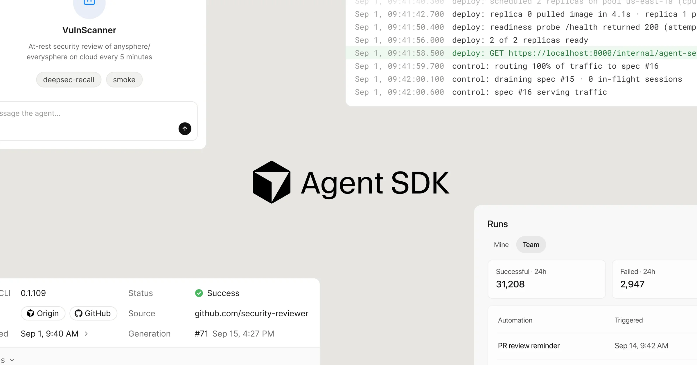 Light grey product collage with the black cube logo and Agent SDK wordmark at centre surrounded by cards for VulnScanner, deployment logs, GitHub status and 24-hour team run counts
