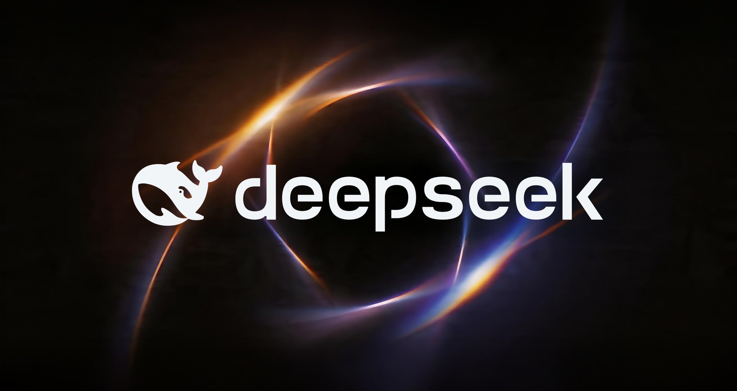 The white DeepSeek whale logo and lowercase deepseek wordmark on a black background crossed by orange and violet streaks of light