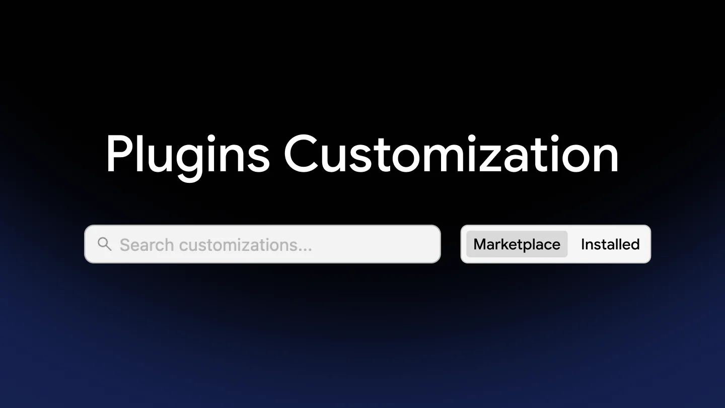 Google Antigravity Plugins Customization interface showing Marketplace and Installed tabs with a search bar