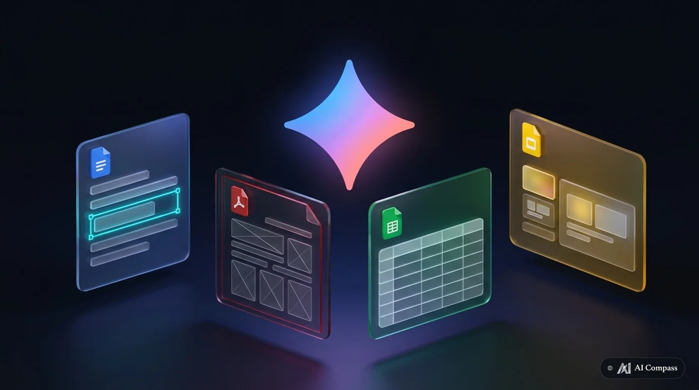 Glowing Gemini four-point star floating above translucent dark-glass document, PDF, spreadsheet, and presentation cards with an inline selection cursor
