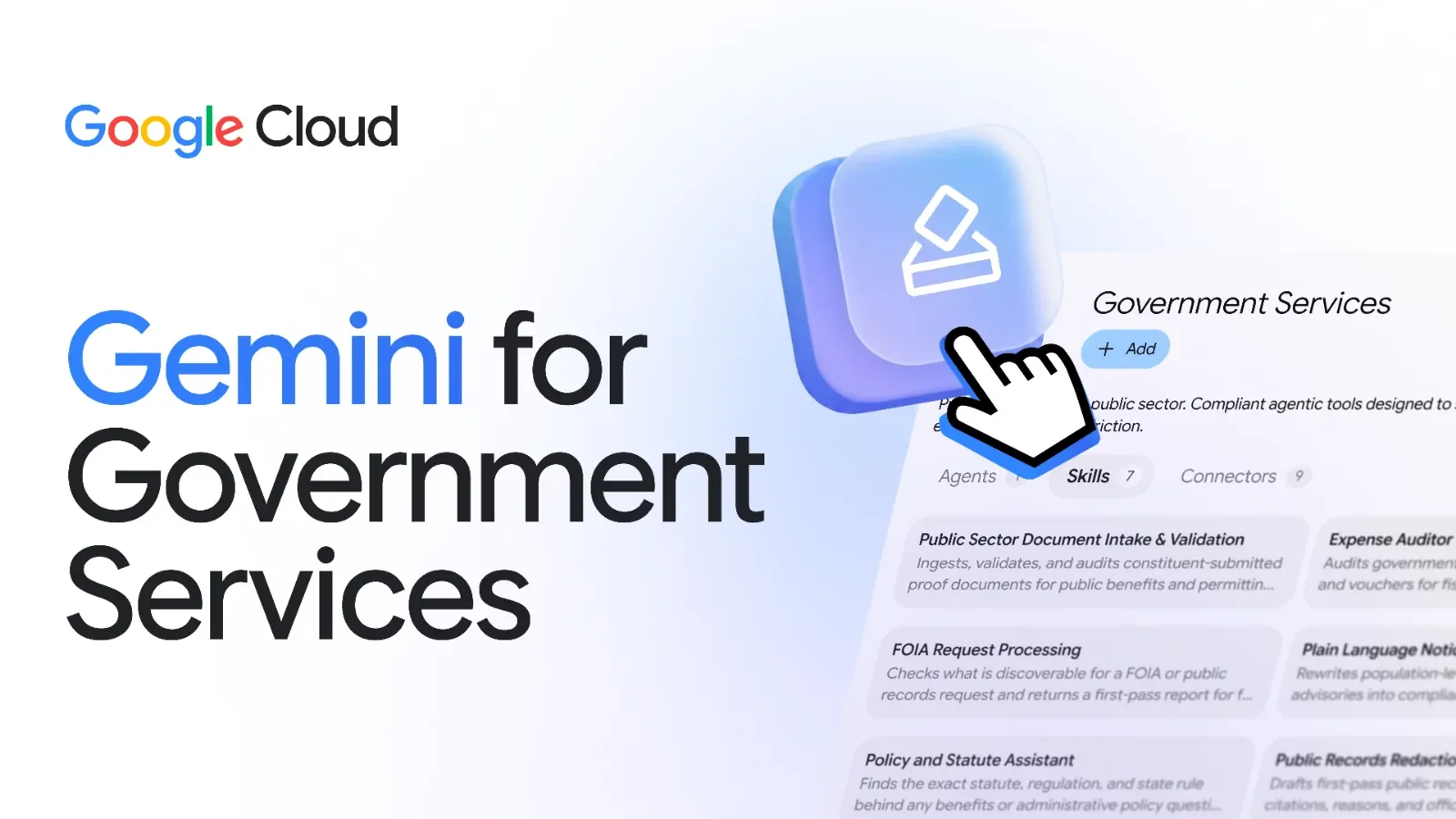 A Government Services screen lists skills for document intake, FOIA requests, policy questions, expense audits, public notices and records redaction
