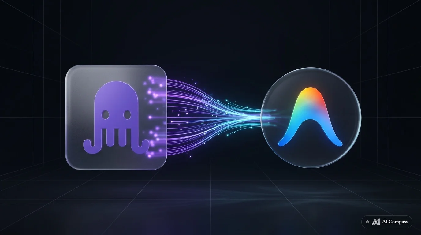 Purple Jules octopus icon in frosted glass dissolving into violet-to-cyan light streams flowing into the Google Antigravity rainbow arch emblem