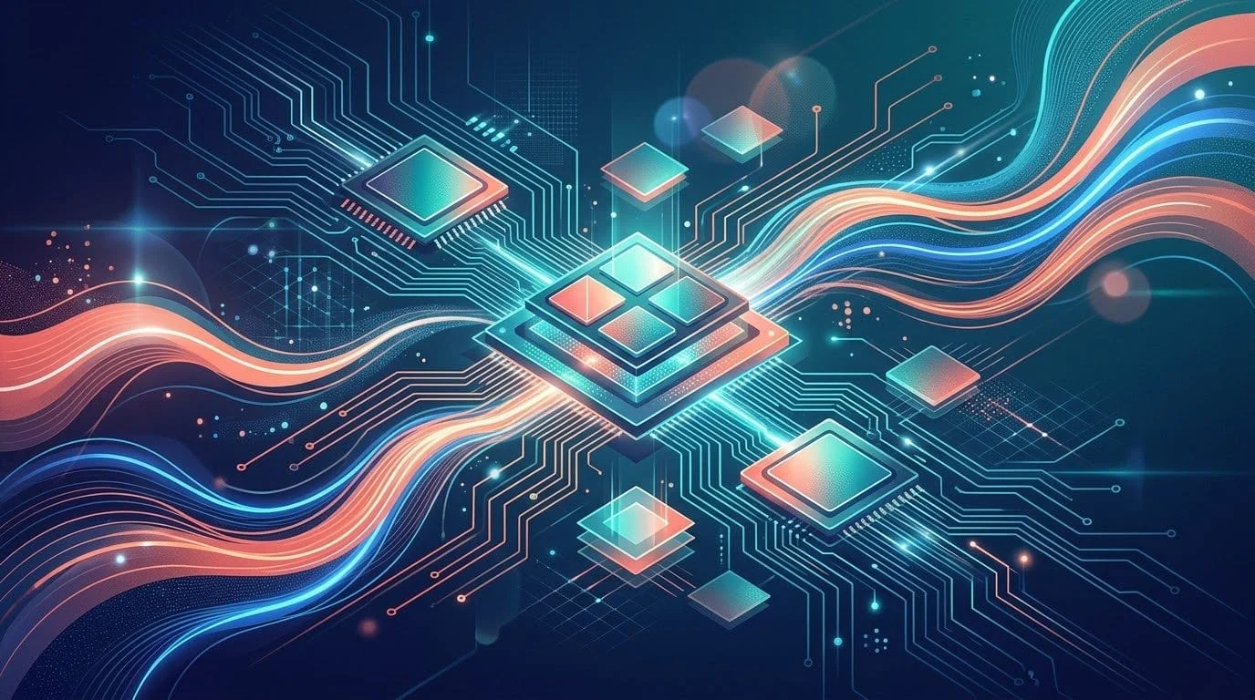 An illustration of glowing processor chips linked by circuit traces and flowing orange and blue bands