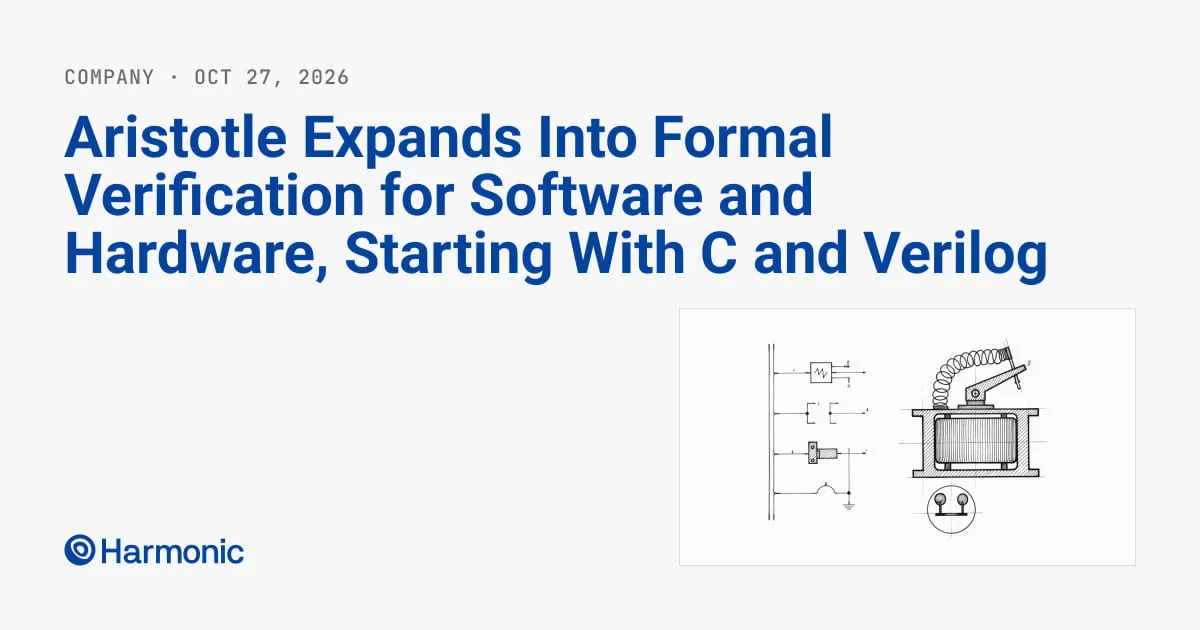 Dark blue card displaying Aristotle formal verification for software and hardware with Harmonic logo