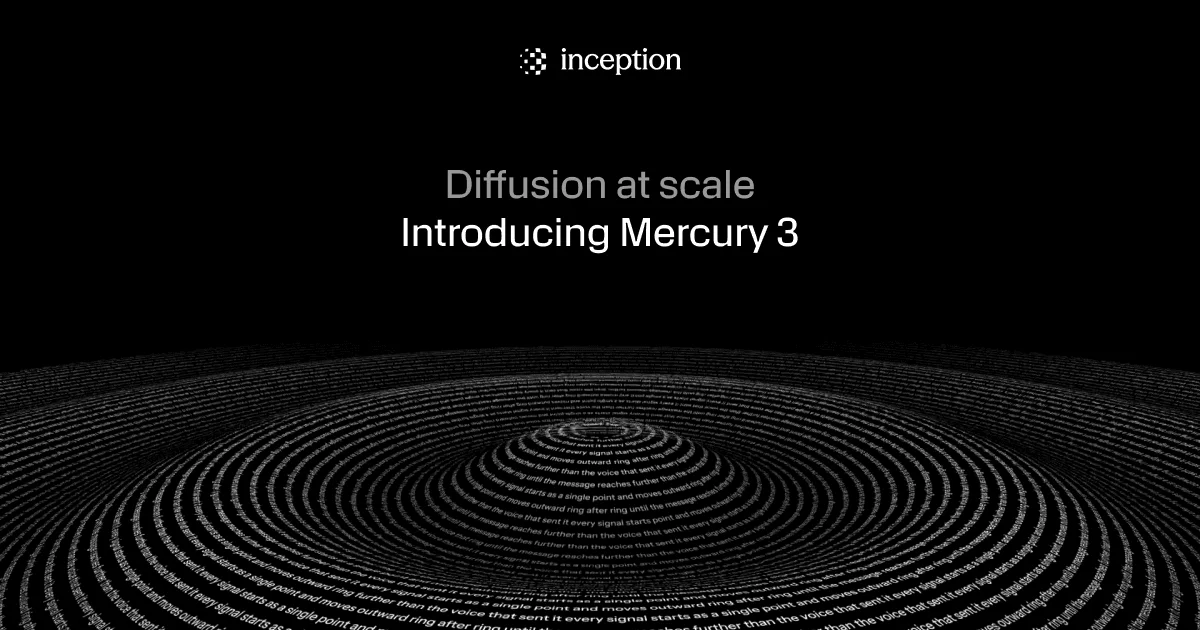 The inception wordmark and the title Introducing Mercury 3 sit above a dark tunnel made of rings of tiny text