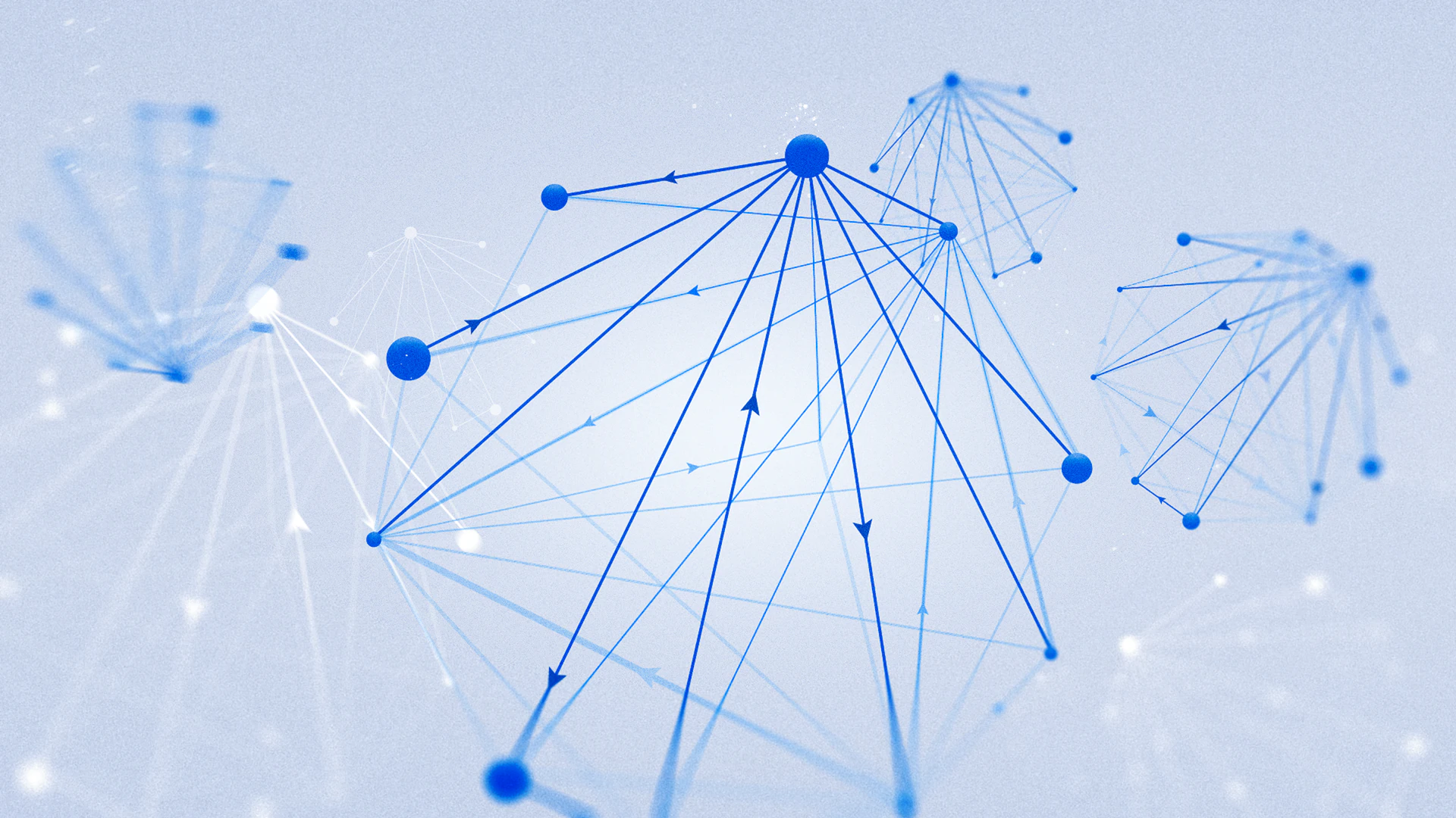 Clusters of blue nodes joined by thin lines with arrowheads, drifting across a pale blue background
