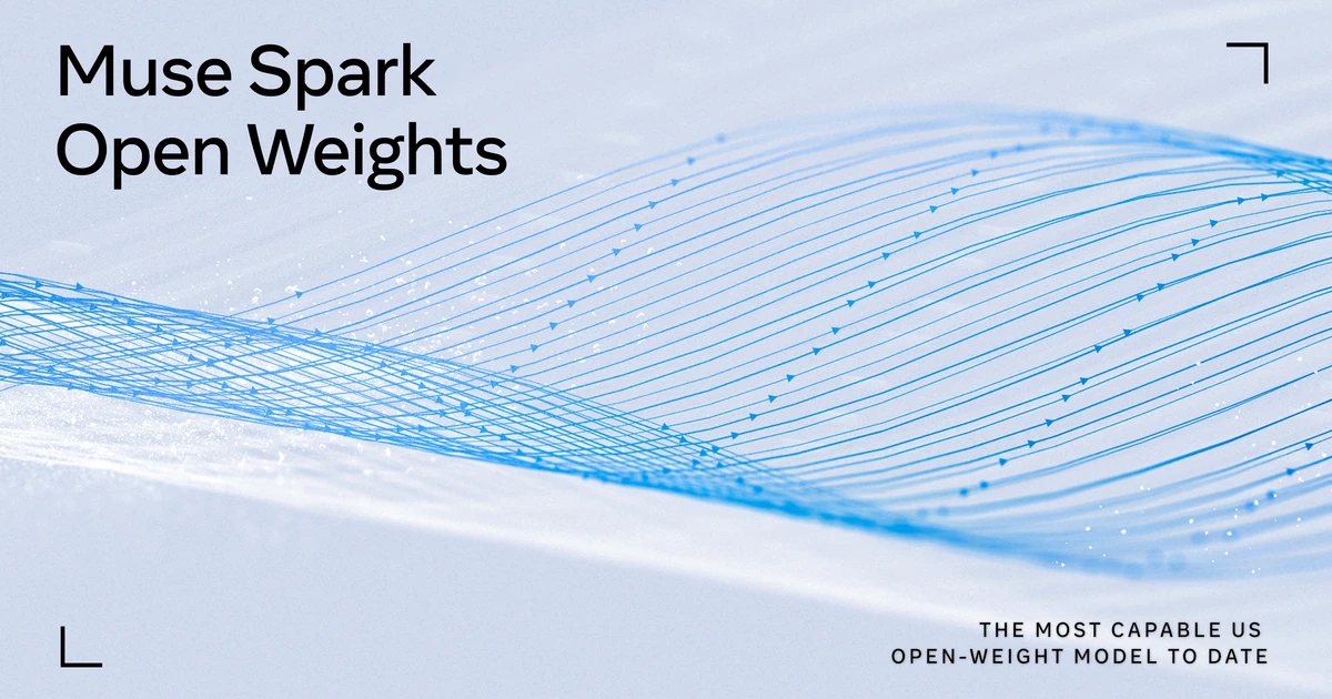 “Muse Spark Open Weights” in black beside bands of thin blue lines with arrowheads flowing in a wave across a pale grey background