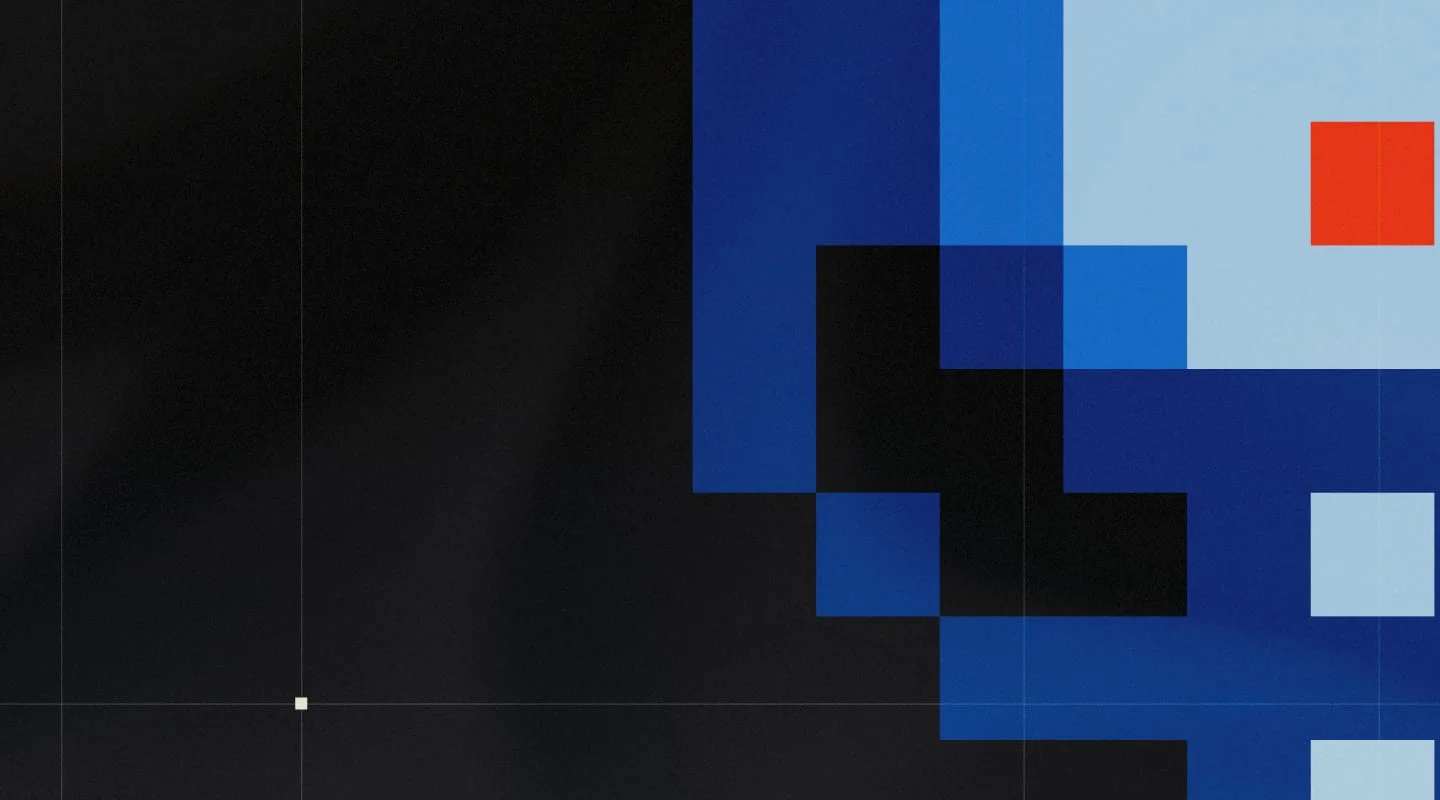 Abstract artwork with a black field on the left and overlapping blue rectangles, one of them red, on the right