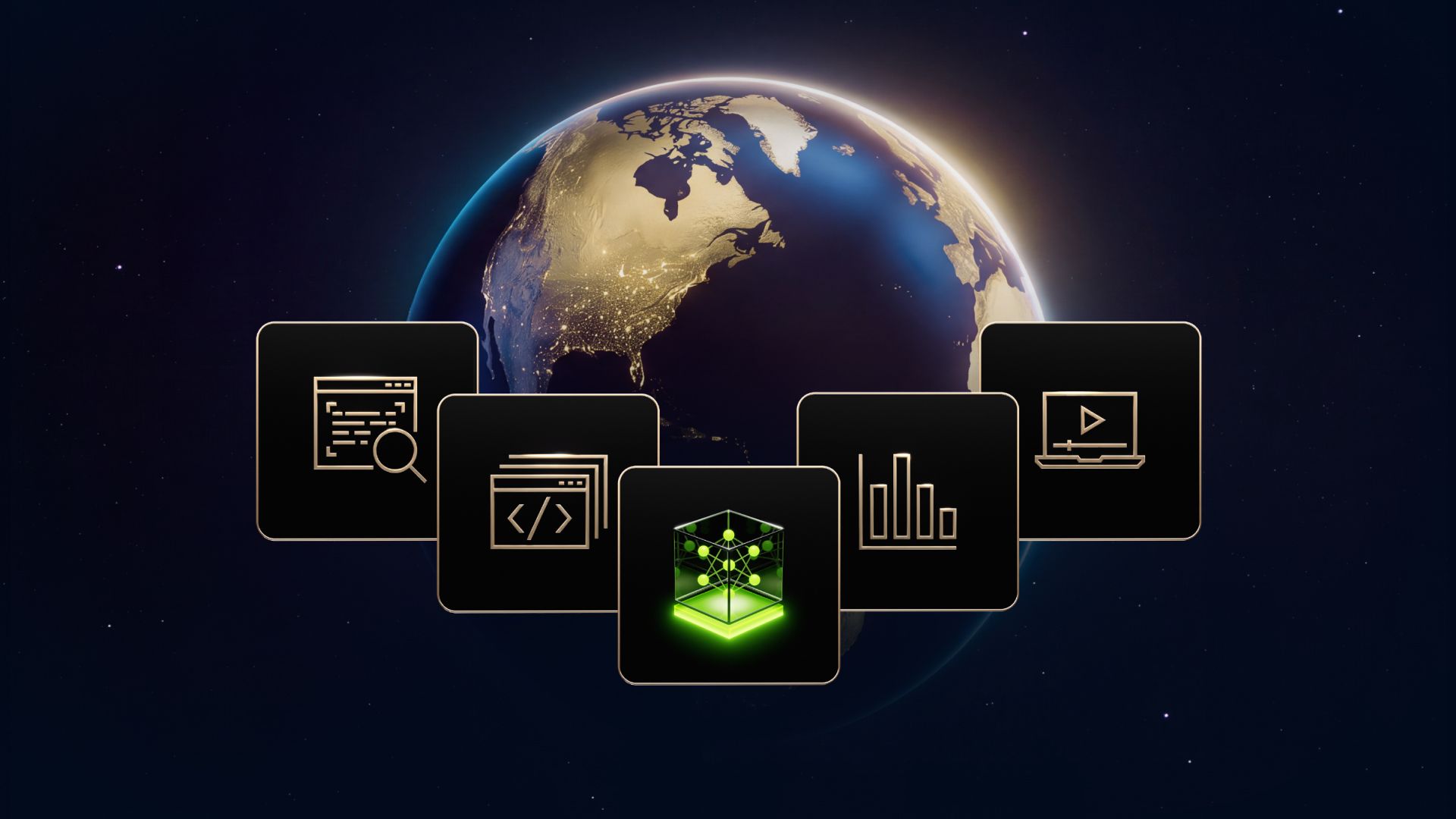 Five dark tiles with gold icons for search, code, charts and video around a glowing green cube, in front of Earth seen from space at night