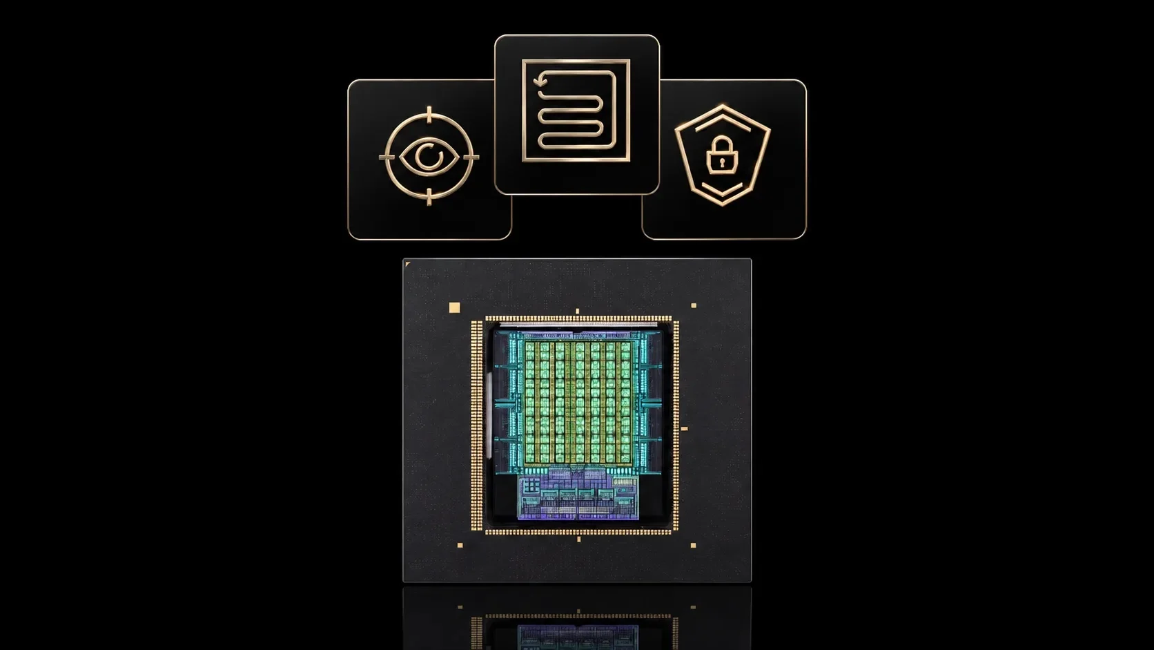 A processor die below three gold-outlined icons showing an eye target, a winding path and a shield with a padlock on black