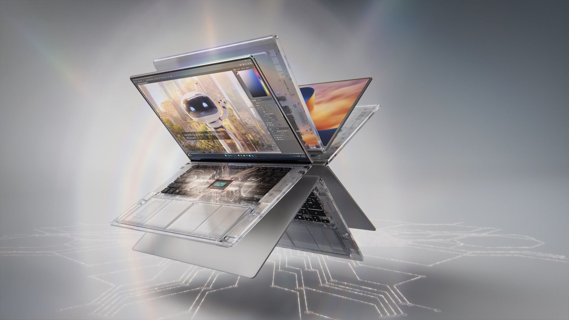 Silver laptops with see-through bases showing the chip inside, one open on an image editor with a robot picture, floating above a grey background traced with circuit lines