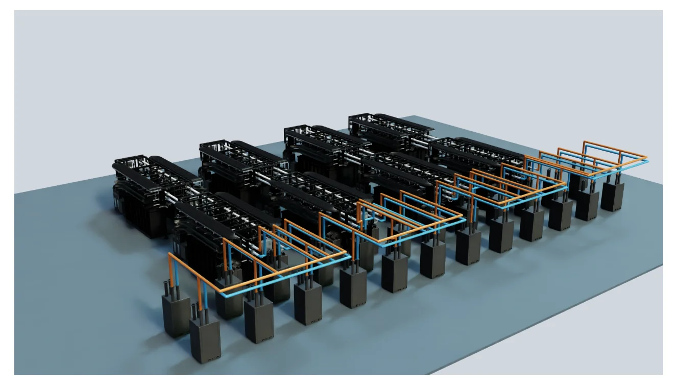 Isometric 3D OpenUSD layout of an AI factory showing four rows of black server racks connected by overhead cable trays to twelve liquid-cooling distribution units with orange and blue pipes
