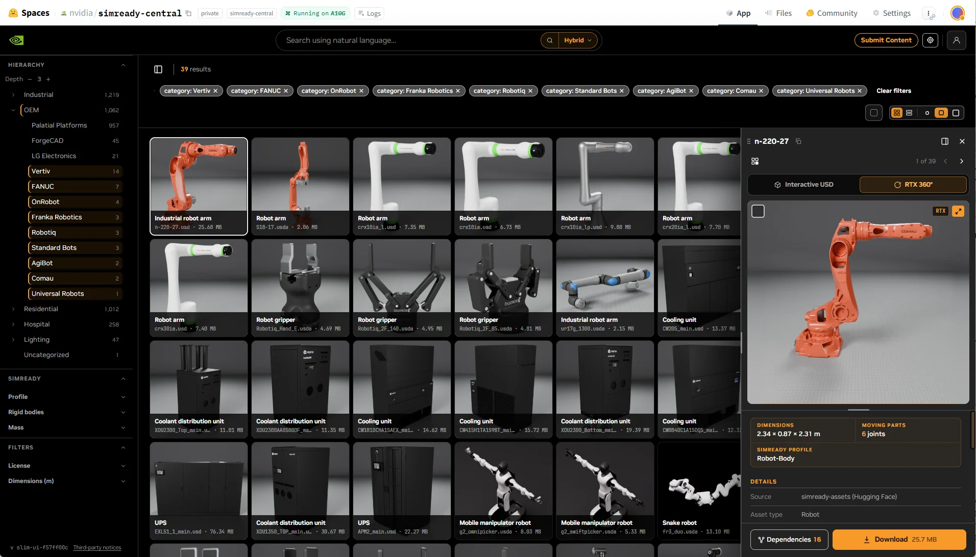 SimReady Central browser on Hugging Face Spaces showing a grid of industrial robot arms, grippers and cooling units alongside a 3D inspector view of an orange six-joint Comau robot arm