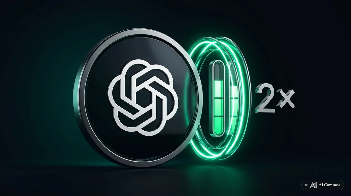 Brushed titanium OpenAI six-loop blossom emblem beside twin glowing emerald capacity gauge bars and a metallic 2x symbol