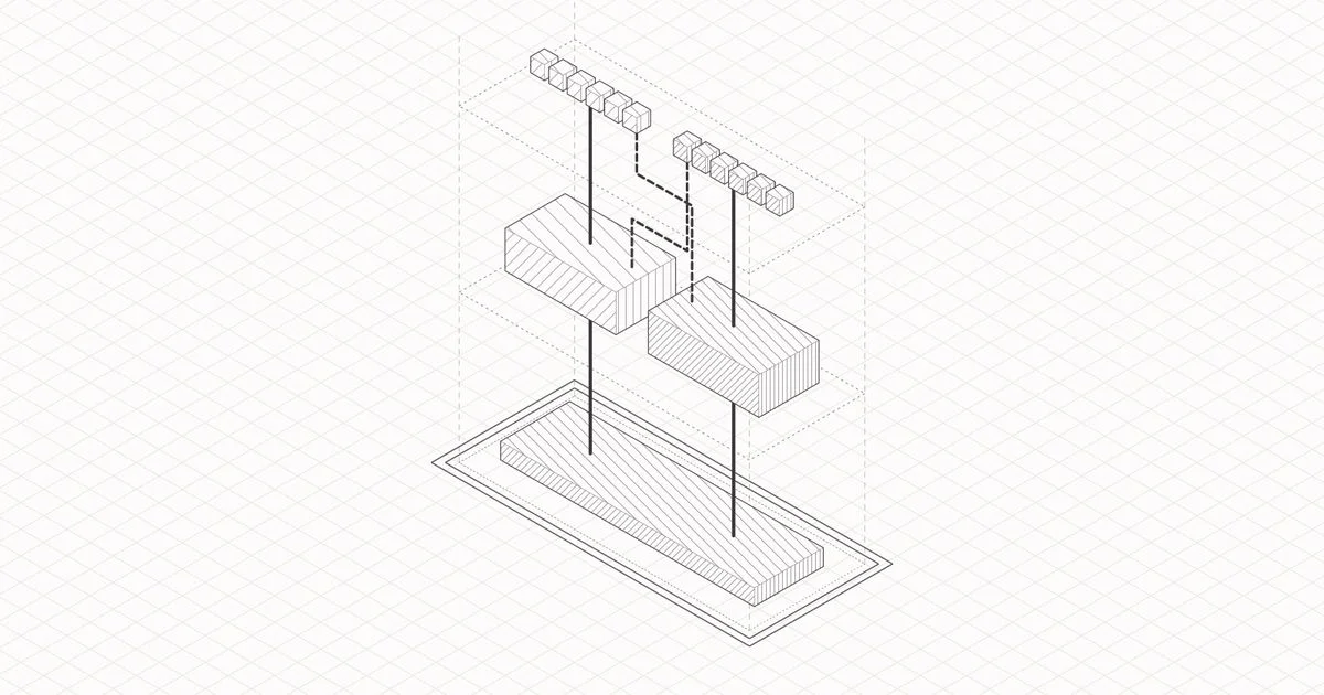 An isometric wireframe diagram of two blocks with rows of small cubes connected above a shared base plate on a grid