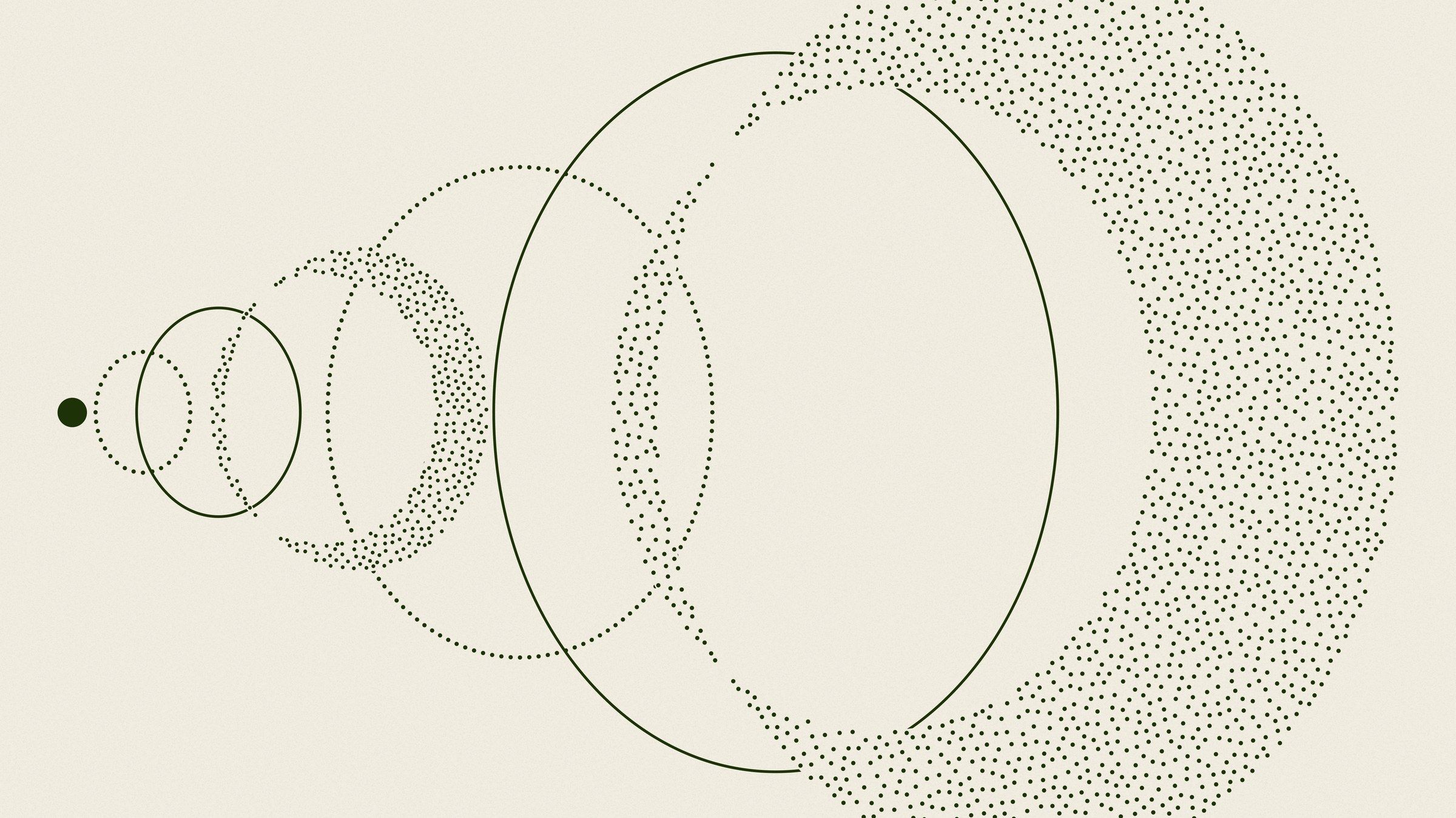 A large dark green dot on the left followed by dotted and solid rings that grow larger towards the right on a cream background