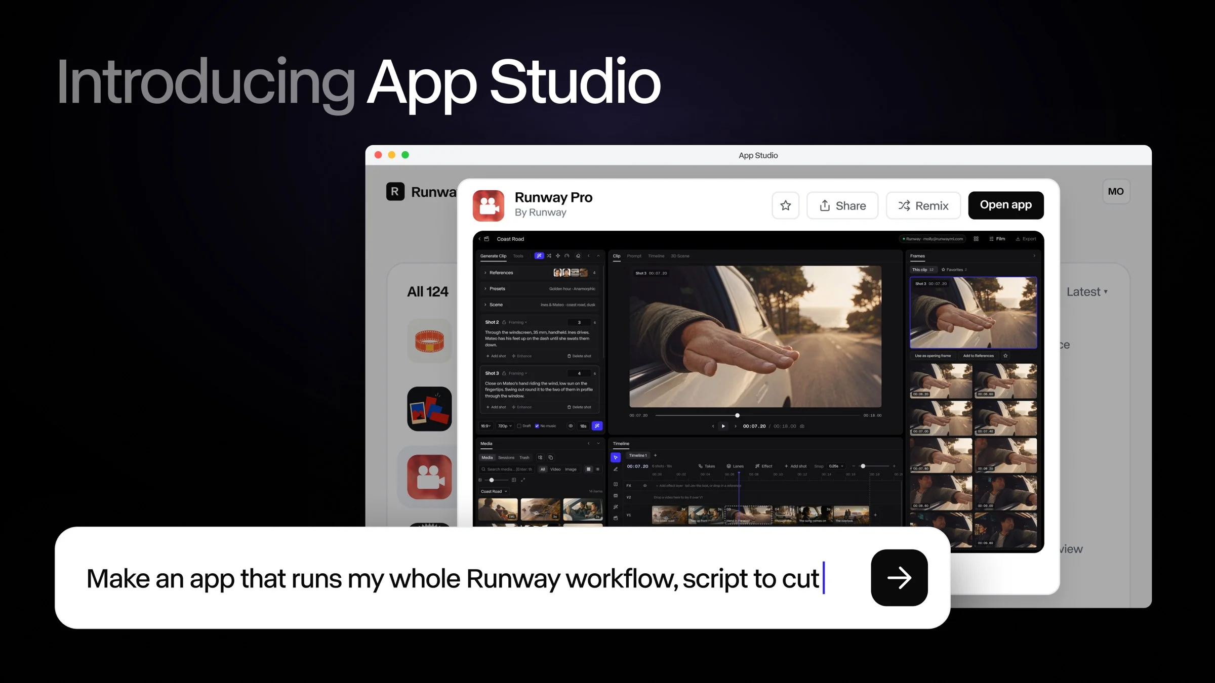 Dark showcase card titled Introducing App Studio showing the Runway Pro video editing app interface behind a white prompt bar reading Make an app that runs my whole Runway workflow, script to cut