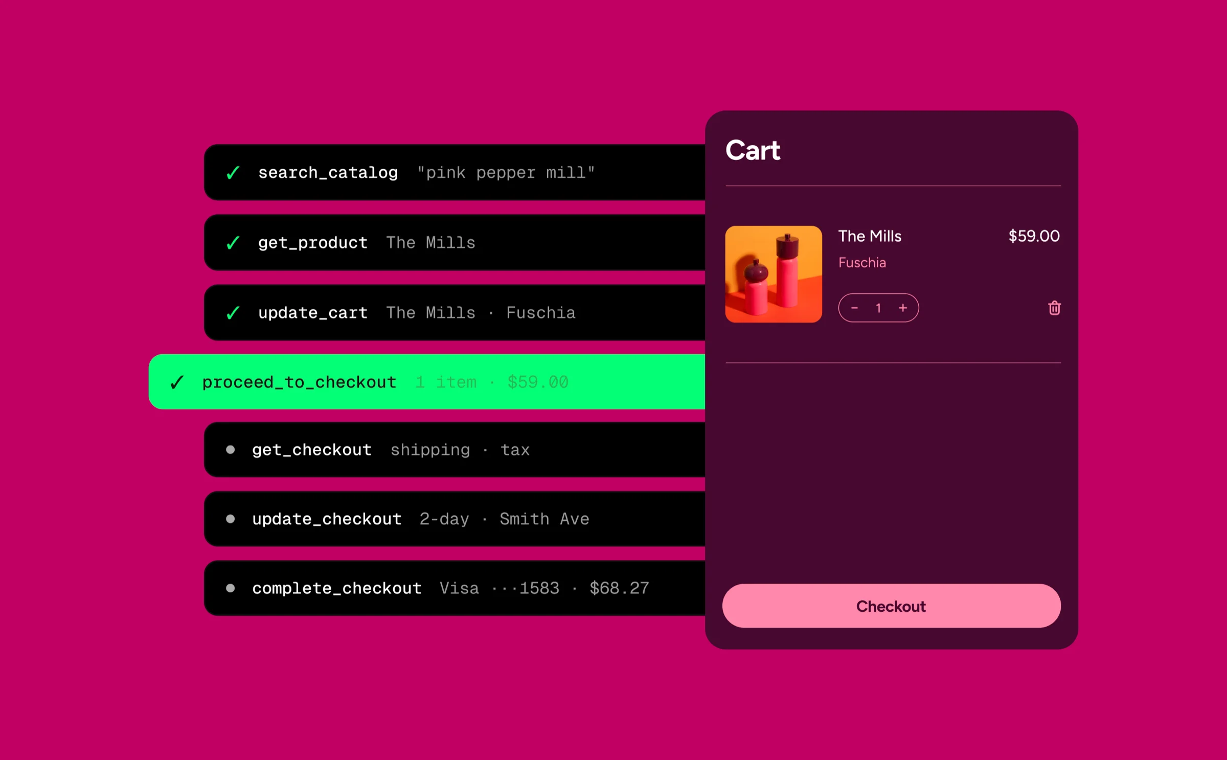 Interface preview of Shopify WebMCP tools running on merchant storefronts and checkout.