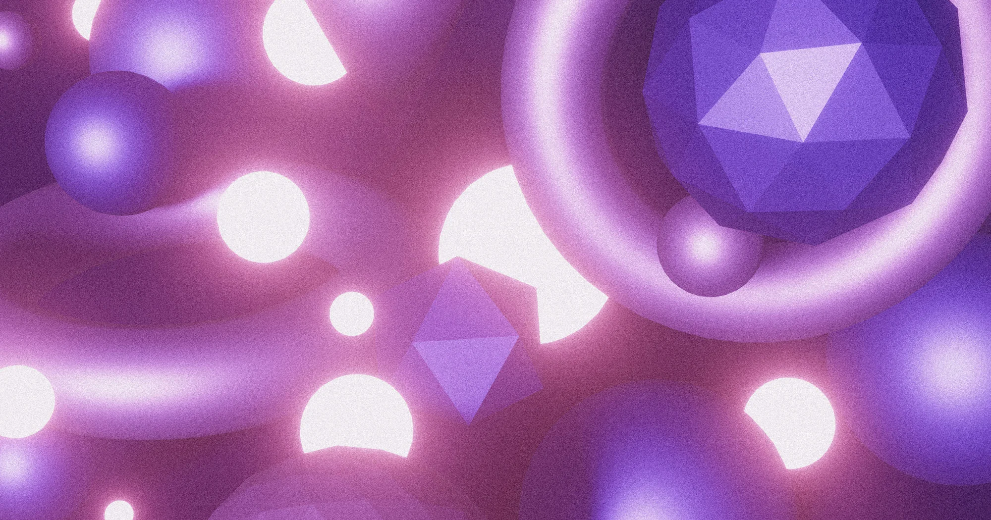 An abstract illustration of glowing white discs, purple spheres, rings and faceted polyhedra floating on a pink and violet background