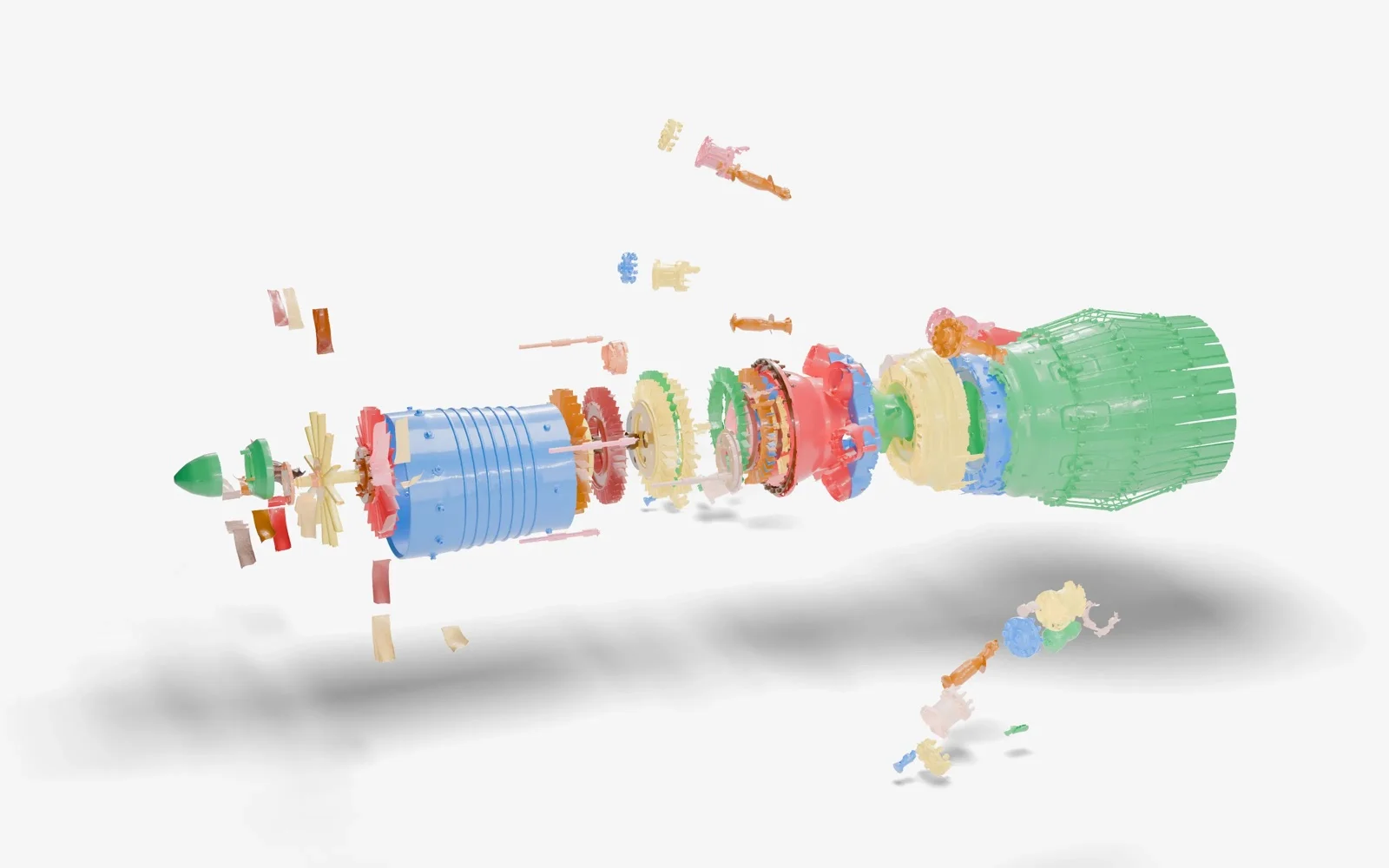 An exploded jet engine, its fan, blades and casing pulled apart in a line and coloured green, red, blue and yellow